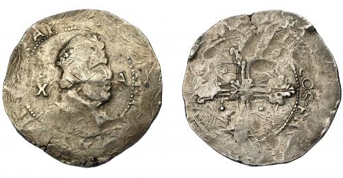 308 - FELIPE IV. 10 reales. Cagliari. 1642. Dav-4147. Olivares-260. Acuñación muy defectuosa. BC.