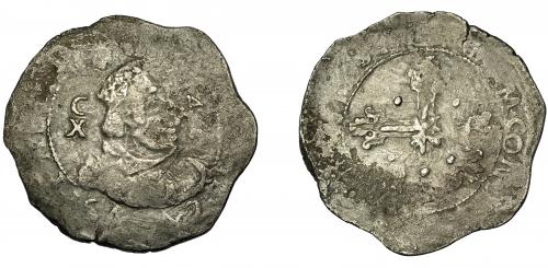 309   -  FELIPE IV. 10 reales. Cagliari. 1642. Dav-4147. Olivares-261. Acuñación muy defectuosa. Erosiones. BC.