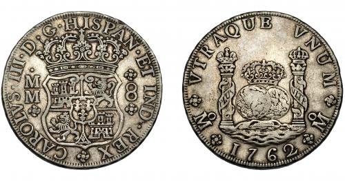 317 - CARLOS III. 8 reales. 1762. México MM. VI-918. Golpecito en gráfila. MBC.