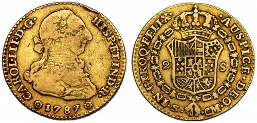 318 - CARLOS III. 2 escudos. 1787. Sevilla. CM. VI-1423. Golpe en canto. MBC-