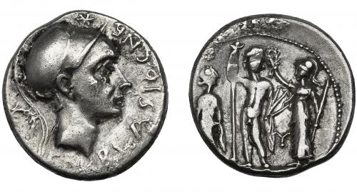 32 - CORNELIA. Denario. Roma (112-111 a.C.). A/ Detrás corona. R/ En campo letra griega Y. AR 3,87 g. 18,6 mm. CRAW-296.1e. FFC-608. Leves concreciones. MBC+/MBC.