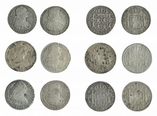 322   -  CARLOS IV. Lote 6 monedas de 8 reales, 2 de ellas con resellos chinos: Lima (1), México (5). BC+.