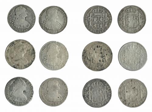 322 - CARLOS IV. Lote 6 monedas de 8 reales, 2 de ellas con resellos chinos: Lima (1), México (5). BC+.