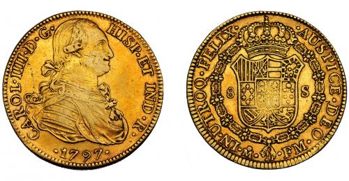328   -  CARLOS IV. 8 escudos. 1797. México. FM. VI-1333. Pequeñas marcas de acuñación. MBC.