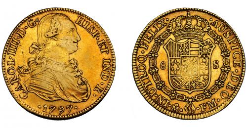 328 - CARLOS IV. 8 escudos. 1797. México. FM. VI-1333. Pequeñas marcas de acuñación. MBC.