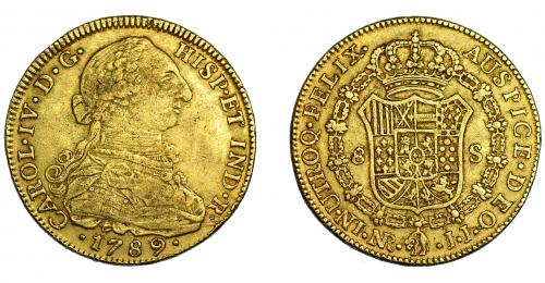 329   -  CARLOS IV. 8 escudos. 1789. Nuevo Reino. JJ. VI-1346. MBC-/MBC.