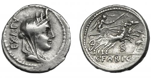 33 - FABIA. Denario. Roma (102 a.C.). R/ Letra S debajo de la biga. AR 4,04 g. 10,7 mm. CRAW-322.1b. FFC-703. Leve vano en rev. MBC.