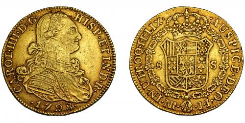 330 - CARLOS IV. 8 escudos. 1798. Nuevo Reino. JJ. VI-1356. MBC. Escasa.