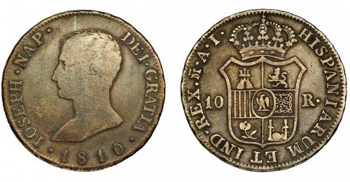 331 - JOSÉ NAPOLEÓN. 10 reales. 1810. Madrid. AI. VI-21. BC+/MBC-. Muy escasa.