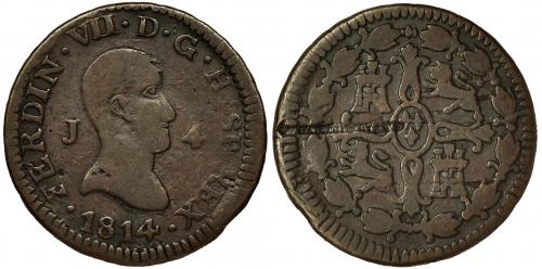 332 - FERNANDO VII. 4 maravedís. 1814. Jubia. VI-166. Defecto de cospel en rev. BC+. Rara.