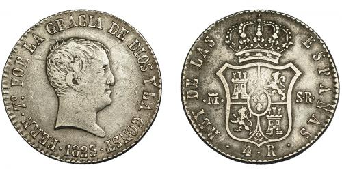 335 - FERNANDO VII. 2 reales (valor 4 reales). 1823. Madrid. SR. VI-710. Vano en anv. y pequeñas marcas. MBC.