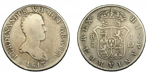 336   -  FERNANDO VII. 4 reales. 1813. Madrid. IJ. VI-879. BC+. Rara.