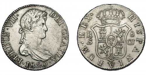 337   -  FERNANDO VII. 8 reales. Sevilla. CJ. VI-1172. finas rayas en anv. y rev. MBC+.