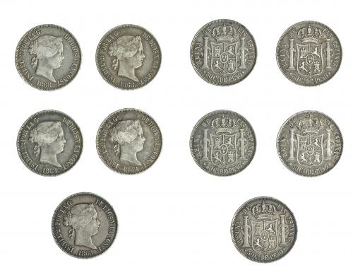340 - ISABEL II. Lote 5 monedas 5 centavos de peso. Manila. 1868. Calidad media. MBC.