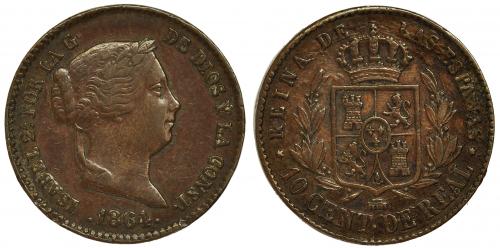 342 - ISABEL II. 10 cts. de real. 1864. Segovia. VI-141. Golpecitos en gráfila. MBC. Escasa.