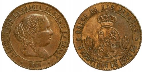 344 - ISABEL II. 5 cts. de escudo. 1866. Barcelona. VI-197. EBC-.