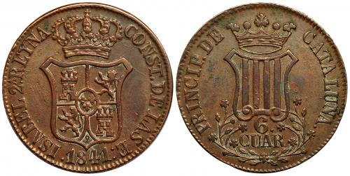 345 - ISABEL II. 6 cuartos. 1841. Barcelona. Flores de 5 pétalos. VI-229. MBC.