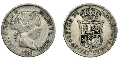 349   -  ISABEL II. 40 céntimos de escudo. 1865. Sevilla. VI-433. MBC-.