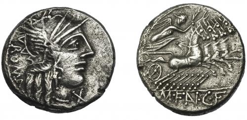 35 - FANNIA. Denario. Roma (123 a.C.). R/ En exergo M FAN CF. AR 3,74 g. 17,5 mm. CRAW-275.1. FFC-705. Leves erosiones. MBC.