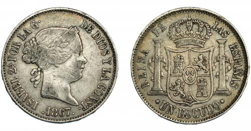 350   -  ISABEL II. Escudo. 1867. Madrid. VI-481. Pequeñas marcas. MBC-/MBC.