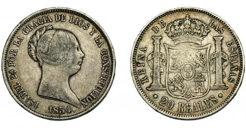 351 - ISABEL II. 20 reales. 1854. Madrid. VI-510. Vano en rev. MBC-/MBC.