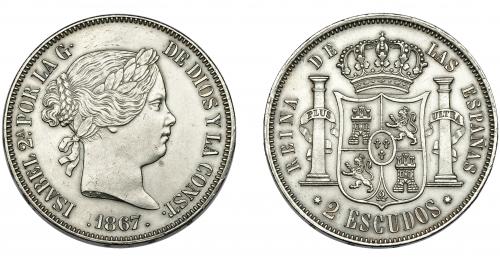 352   -  ISABEL II. 2 escudos. 1867. Madrid. VI-538. Limpiada. EBC.