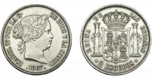 352 - ISABEL II. 2 escudos. 1867. Madrid. VI-538. Limpiada. EBC.