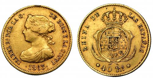 353 - ISABEL II. 40 reales. 1863. Barcelona. VI-562. Golpe en canto. MBC.