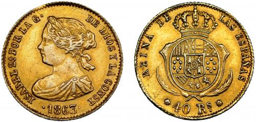 354 - ISABEL II. 40 reales. 1863. Barcelona. Falsa de época en platino. Barrera-861. MBC+.