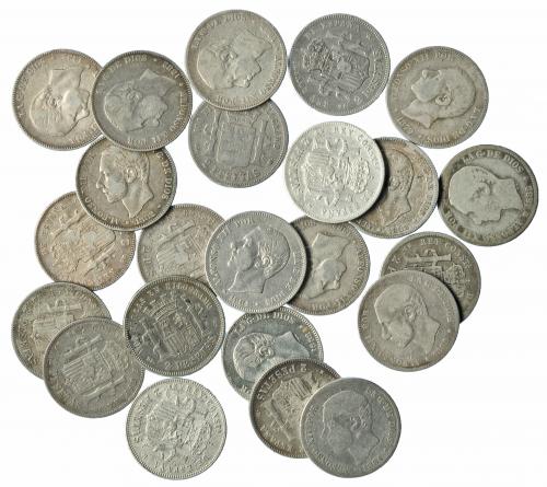 357 - ALFONSO XII. Lote 23 piezas de 2 pesetas: Alfonso XII (21) y Gobierno Provisional (2). BC+/MBC-.