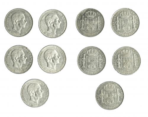 358 - ALFONSO XII. Lote 5 piezas de 50 centavos de peso. 1885. Manila. EBC-/EBC.