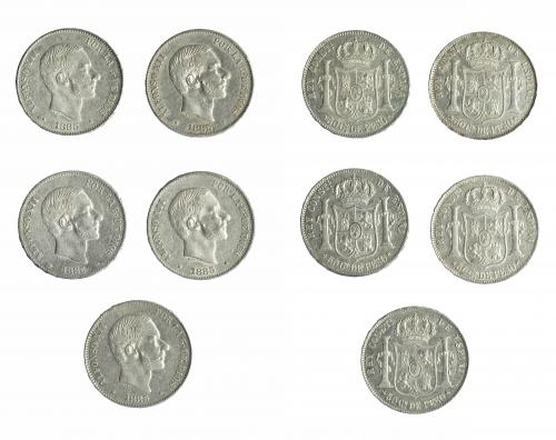 359   -  ALFONSO XII. Lote 5 piezas de 50 centavos de peso. 1885. Manila. EBC-/EBC.