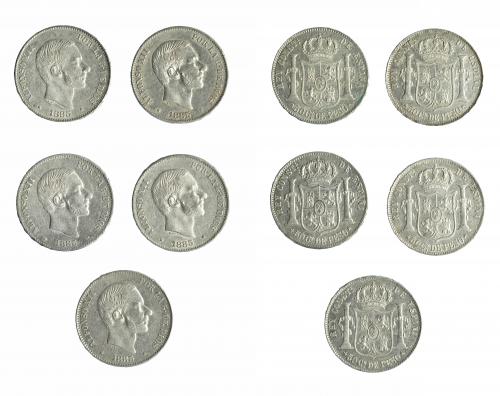 359 - ALFONSO XII. Lote 5 piezas de 50 centavos de peso. 1885. Manila. EBC-/EBC.