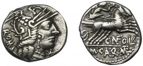 FULVIA. Denario. Roma (117-116 a.C.). R/ Ley. CN FOVL M CAL 