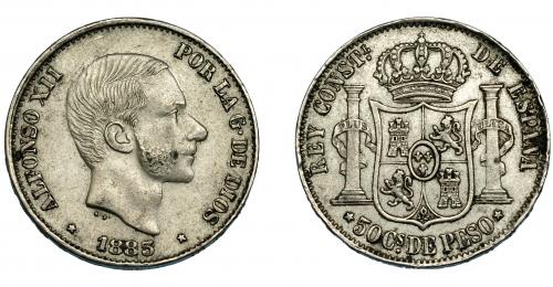 362 - ALFONSO XII. 50 centavos de peso. 1883. Manila. VII-78. MBC+/MBC.