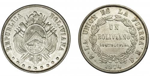 398 - BOLIVIA. 1 boliviano. 1874, FE. KM-160.1. MBC+.