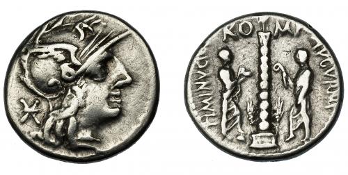 44   -  MINUCIA. Denario. Roma (103 a.C.). R/ Columna flanqueada por dos togados; TI MINVCI C. F. AVGVRINI, RO-MA. Ar 3,92 g. 17,9 mm. CRAW-243.1. FFC-925. MBC-/MBC.