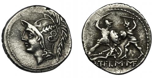 45 - MINUCIA. Denario. Roma (103 a.C.). R/ Dos soldados luchando. Q THERM MF. AR 4,21 g. 19,5 mm. CRAW-319.1. FFC-928. MBC.