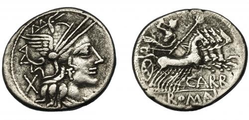 46   -  PAPIRIA. Denario. Roma (122 a.C.). R/ Ley. CARB y ROMA en cartela. AR 3,80 g. 20,8 mm. CRAW-279.1. FFC-958. MBC/MBC-.