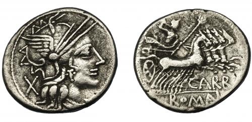46 - PAPIRIA. Denario. Roma (122 a.C.). R/ Ley. CARB y ROMA en cartela. AR 3,80 g. 20,8 mm. CRAW-279.1. FFC-958. MBC/MBC-.