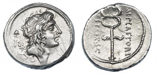 47 - PLAETORIA. Denario. Roma (69 a.C.). A/ Cabeza de Bonus Eventus, detrás símbolo. R/ Caduceo alado. Alrededor ley. M. PLAETORI / CEST. EX . S.C. Ar 3,78 g. 18 mm. CRAW-405.5. FFC-972. Rayas en anv. EBC-.