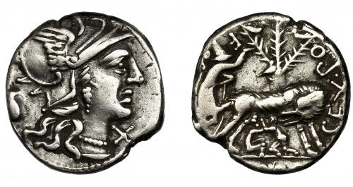 49   -  POMPEIA. Denario. Roma (137 a.C.). R/ Loba con Rómulo y Remo, detrás Faustulus; ley. EX POM F (OSTVLVS). AR 3,58 g. 18,8 mm. CRAW-235.1a. FFC-1018. MBC.