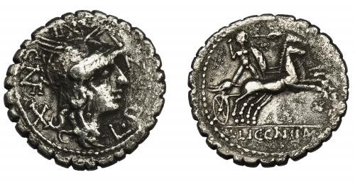 50 - POMPONIA. Denario. Narbo (118 a.C.). R/ Ley. L LIC CN DOM. AR 3,78 g. 20,3 mm. CRAW-282.4. FFC-1027. Superficies erosionaddas. MBC-/MBC.