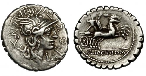 51 - POMPONIA. Denario. Narbo (118 a.C.). R/ Ley. L LIC CN DOM, con la D retrógrada. Ar 3,90 g. 21 mm. CRAW-282.4 vte. FFC-1028. MBC/MBC-.