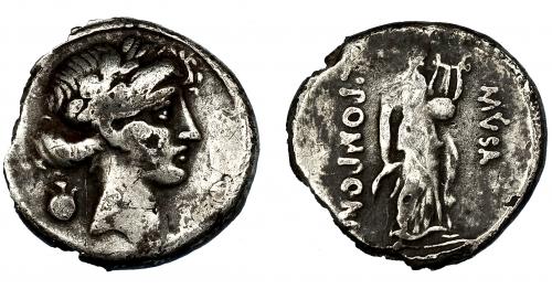 52 - POMPONIA. Denario forrado. Roma (66 a.C.). A/ Detrás tortuga. R/ Terpsícore. AR 2,80 g. 17,4 mm. CRAW-410.7a. FFC-1044. BC+.