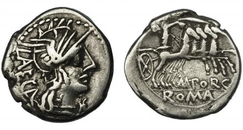 53 - PORCIA. Denario. Roma (125 a.C.). R/ Ley. M. PORC. Ar 3,79 g. 18,7 mm. CRAW-270.1. FFC-1051. MBC-.