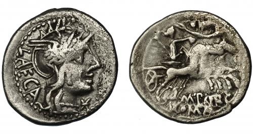 54 - PORCIA. Denario. Roma (125 a.C.). R/ Ley. M. PORC. AR 3,82 g. 19,4 mm. CRAW-270.1. FFC-1051. Erosiones. BC+.