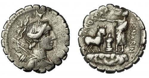 55 - POSTUMIA. Denario. Roma (81 a.C.). R/ Escena de sacrificio de un toro; A POST A F SN ALBIN. AR 3,84 g. 18,7 mm. CRAW-372.1. FFC-1071. BC+/MBC-.