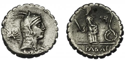56 - ROSCIA. Denario. Roma (64 a.C.). A/ Símbolo ¿corona radiada? R/ Símbolo ¿aspergillum? AR 3,68 g. 17,8 mm. CRAW-412.1. FFC-1090. Leves erosiones. MBC+.