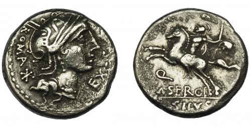 58 - SERGIA. Denario. Roma (116-115 a.C.). R/ Ley. Q/M SERGI/SILVS. Ar 3,88 g. 17,5 mm. CRAW-286.1. FFC-1111. Concreciones. MBC.